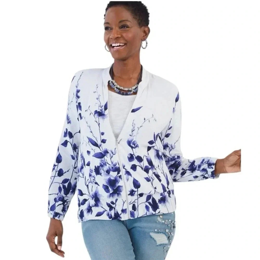 CHICO’S | Women’s White with Blue Floral Print Bomber Jacket Size 1 (M)